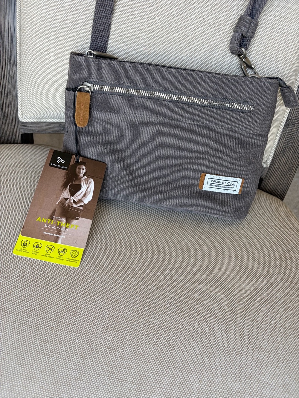 Travelon Bag Anti-Theft convertible Crossbody Belt Bag Grey w Tan Accents  NWT